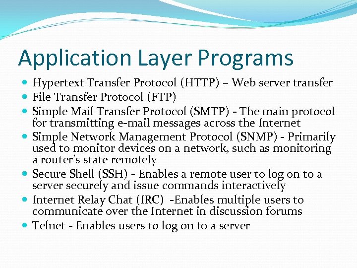 Application Layer Programs Hypertext Transfer Protocol (HTTP) – Web server transfer File Transfer Protocol