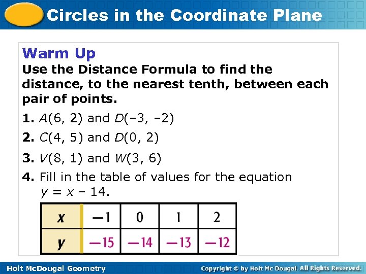 Circles in the Coordinate Plane Warm Up Use the Distance Formula to find the