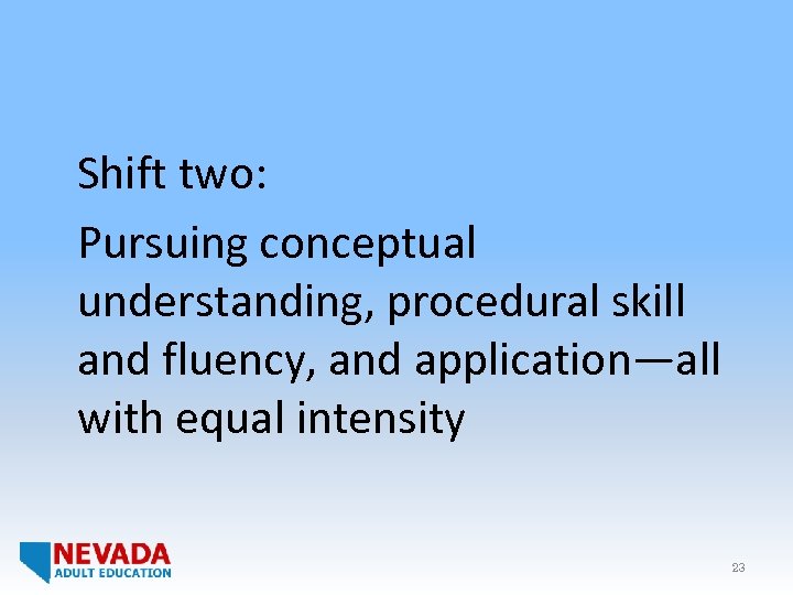 Shift two: Pursuing conceptual understanding, procedural skill and fluency, and application—all with equal intensity