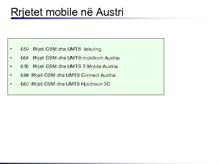 Rrjetet mobile në Austri • 650 Rrjeti GSM dhe UMTS tele. ring • 664