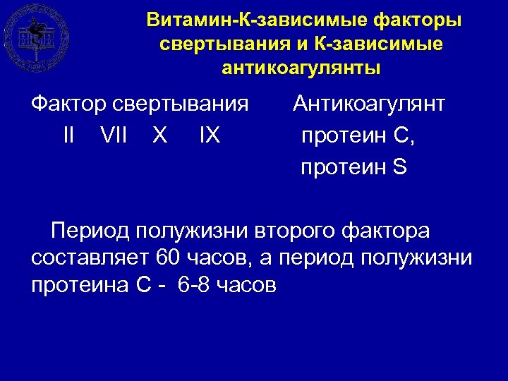 Витамин-К-зависимые факторы свертывания и К-зависимые антикоагулянты Фактор свертывания Антикоагулянт II VII X IX протеин