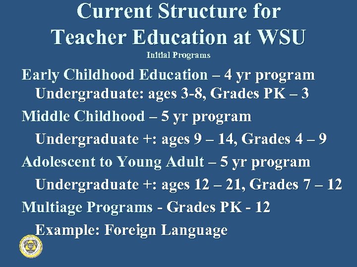 Current Structure for Teacher Education at WSU Initial Programs Early Childhood Education – 4