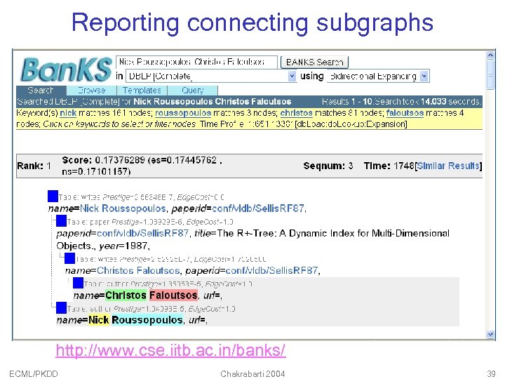 Reporting connecting subgraphs http: //www. cse. iitb. ac. in/banks/ ECML/PKDD Chakrabarti 2004 39 