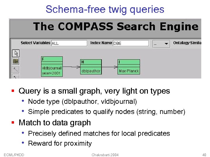 Schema-free twig queries § Query is a small graph, very light on types •