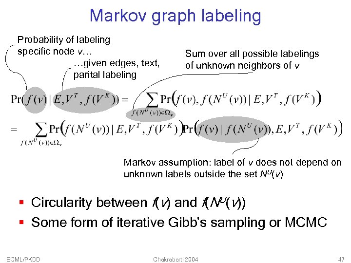 Markov graph labeling Probability of labeling specific node v… …given edges, text, parital labeling