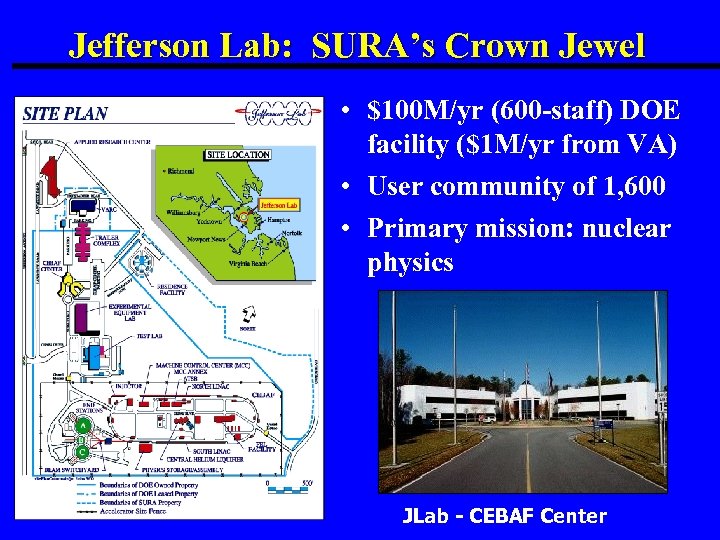 Jefferson Lab: SURA’s Crown Jewel • $100 M/yr (600 -staff) DOE facility ($1 M/yr