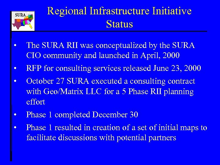 Regional Infrastructure Initiative Status • The SURA RII was conceptualized by the SURA CIO