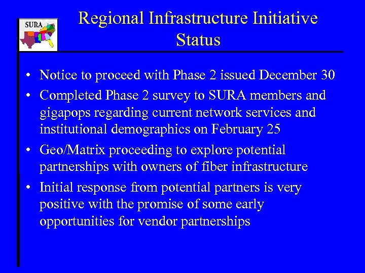 Regional Infrastructure Initiative Status • Notice to proceed with Phase 2 issued December 30