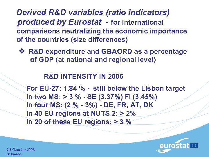 Derived R&D variables (ratio indicators) produced by Eurostat - for international comparisons neutralizing