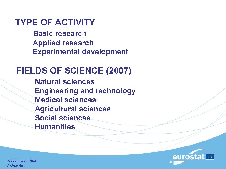  TYPE OF ACTIVITY Basic research Applied research Experimental development FIELDS OF SCIENCE (2007)