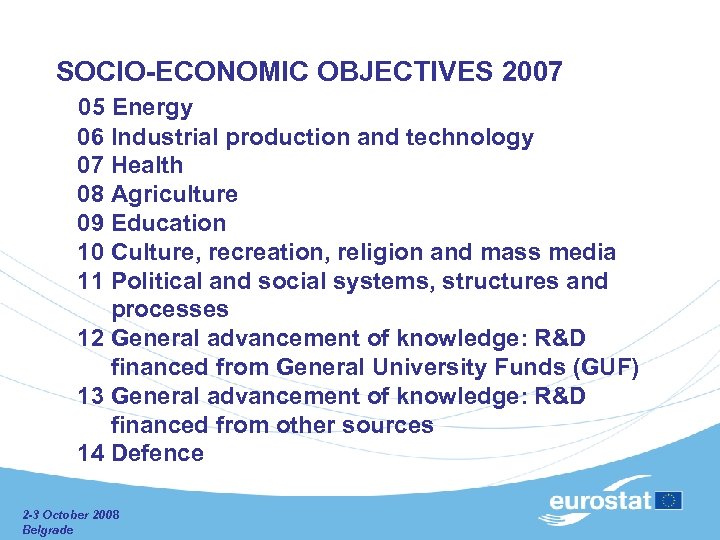  SOCIO-ECONOMIC OBJECTIVES 2007 05 Energy 06 Industrial production and technology 07 Health 08
