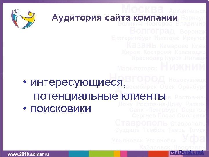 Аудитория сайта компании • интересующиеся, потенциальные клиенты • поисковики ros@visti. net 