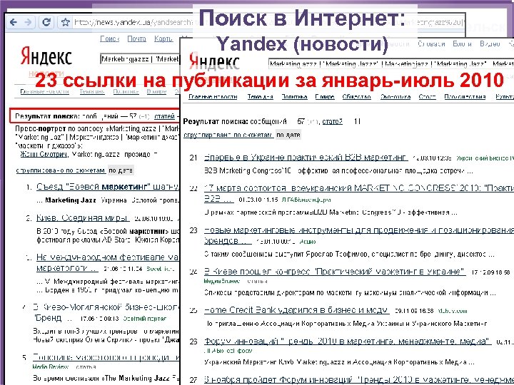 Поиск в Интернет: Yandex (новости) 23 ссылки на публикации за январь-июль 2010 
