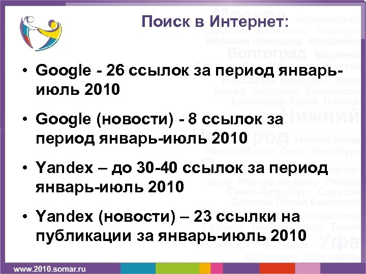 Поиск в Интернет: • Google - 26 ссылок за период январьиюль 2010 • Google