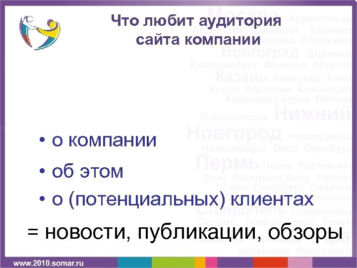 Что любит аудитория сайта компании • о компании • об этом • о (потенциальных)