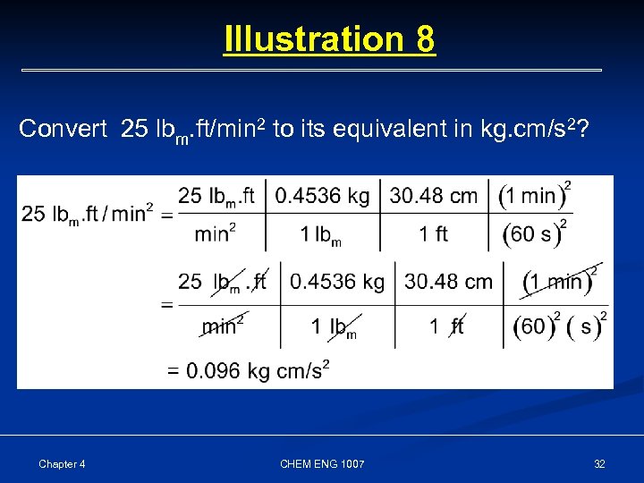Illustration 8 Convert 25 lbm. ft/min 2 to its equivalent in kg. cm/s 2?