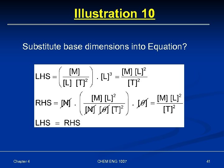 Illustration 10 Substitute base dimensions into Equation? Chapter 4 CHEM ENG 1007 41 
