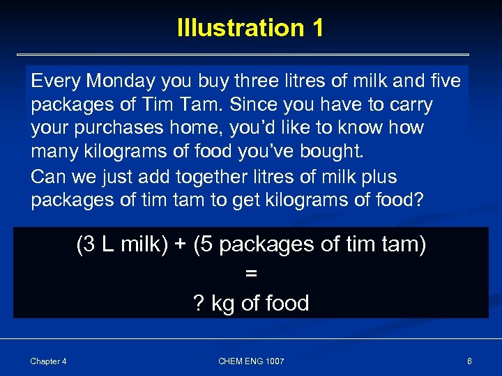 Illustration 1 Every Monday you buy three litres of milk and five packages of
