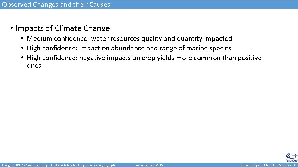 Observed Changes and their Causes • Impacts of Climate Change • Medium confidence: water