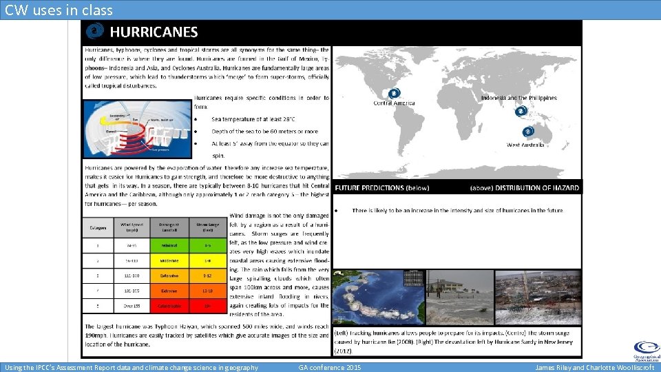 CW uses in class Using the IPCC’s Assessment Report data and climate change science