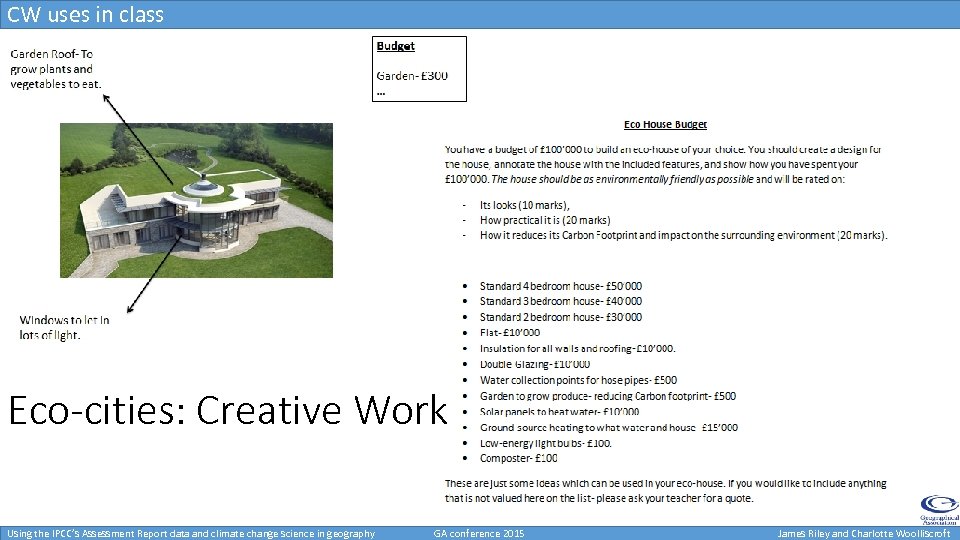 CW uses in class Eco-cities: Creative Work Using the IPCC’s Assessment Report data and