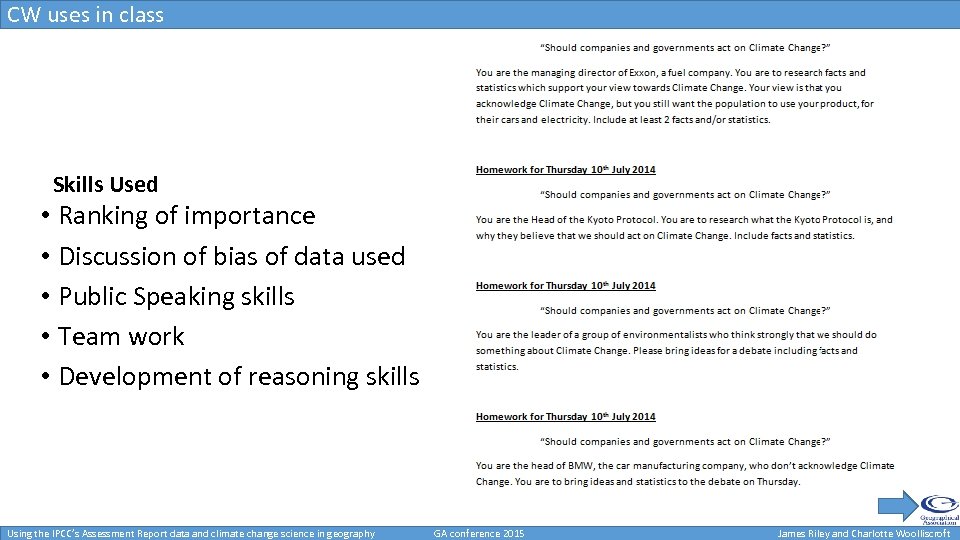 CW uses in class Uses in class Skills Used • Ranking of importance •