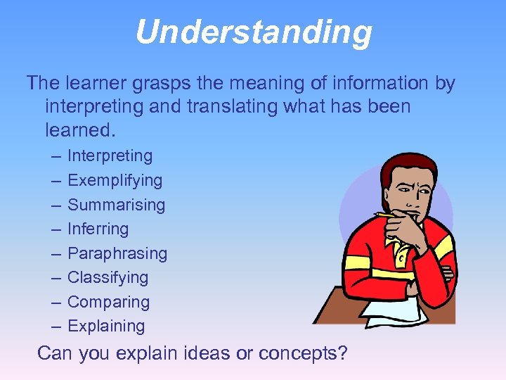 Understanding The learner grasps the meaning of information by interpreting and translating what has