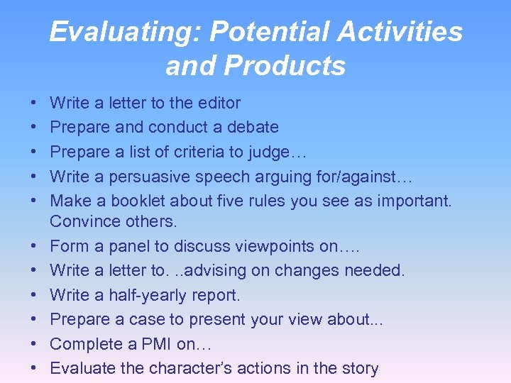 Evaluating: Potential Activities and Products • • • Write a letter to the editor