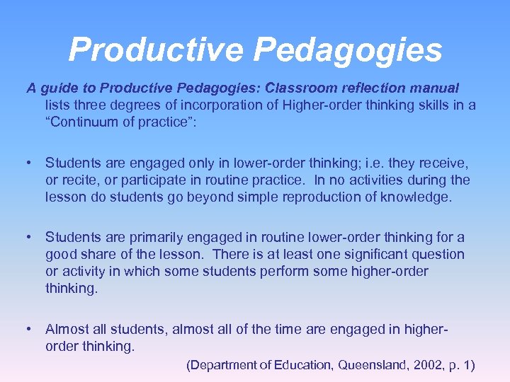 Productive Pedagogies A guide to Productive Pedagogies: Classroom reflection manual lists three degrees of