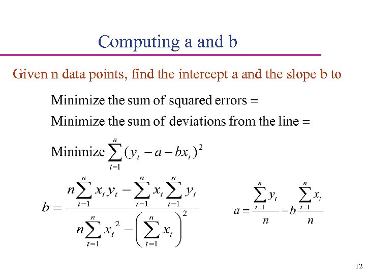 Computing a and b Given n data points, find the intercept a and the