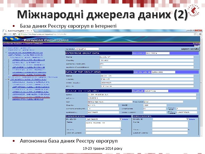 Міжнародні джерела даних (2) • База даних Реєстру єврогруп в Інтернеті • Автономна база