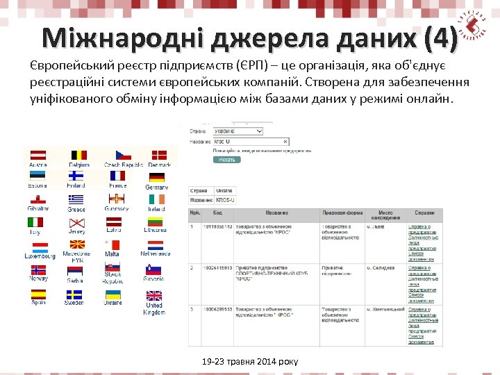 Міжнародні джерела даних (4) Європейський реєстр підприємств (ЄРП) – це організація, яка об'єднує реєстраційні