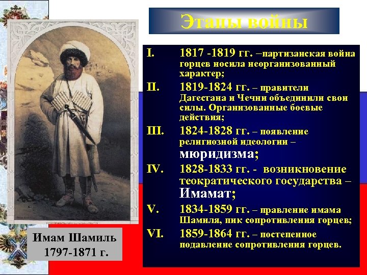 Этапы войны I. III. 1817 -1819 гг. –партизанская война горцев носила неорганизованный характер; 1819