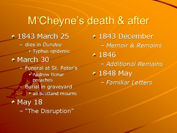 M‘Cheyne’s death & after 1843 March 25 – dies in Dundee Typhus epidemic March