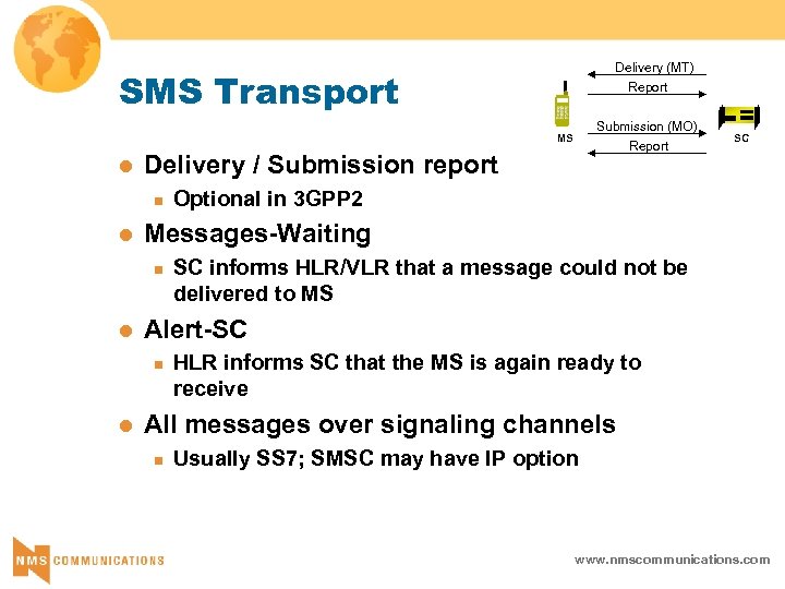 Delivery (MT) SMS Transport Report Submission (MO) MS l Delivery / Submission report n