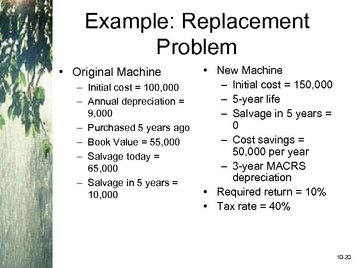 Example: Replacement Problem • Original Machine – Initial cost = 100, 000 – Annual