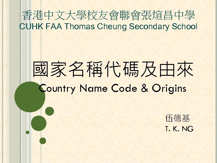 香港中文大學校友會聯會張煊昌中學 CUHK FAA Thomas Cheung Secondary School 國家名稱代碼及由來 Country Name Code & Origins 伍德基