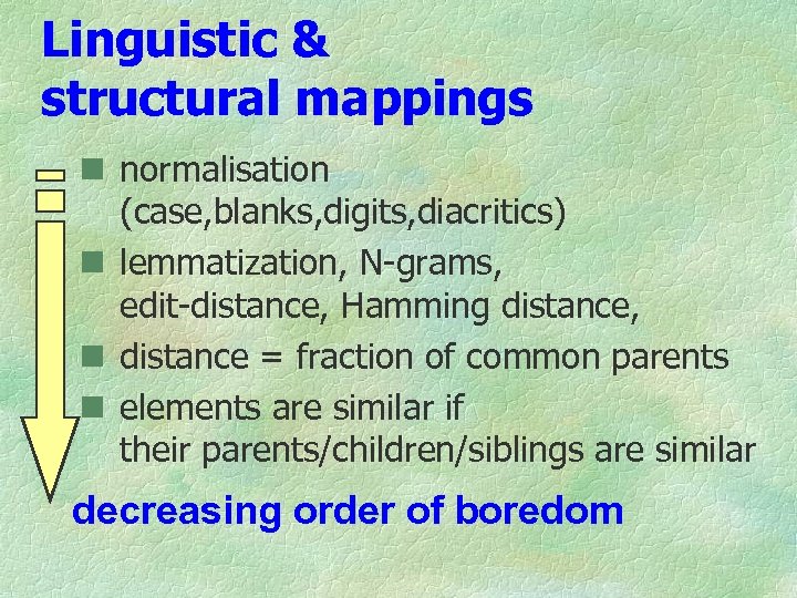 Linguistic & structural mappings n normalisation (case, blanks, digits, diacritics) n lemmatization, N-grams, edit-distance,