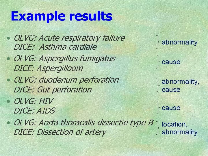 Example results • OLVG: Acute respiratory failure DICE: Asthma cardiale • OLVG: Aspergillus fumigatus