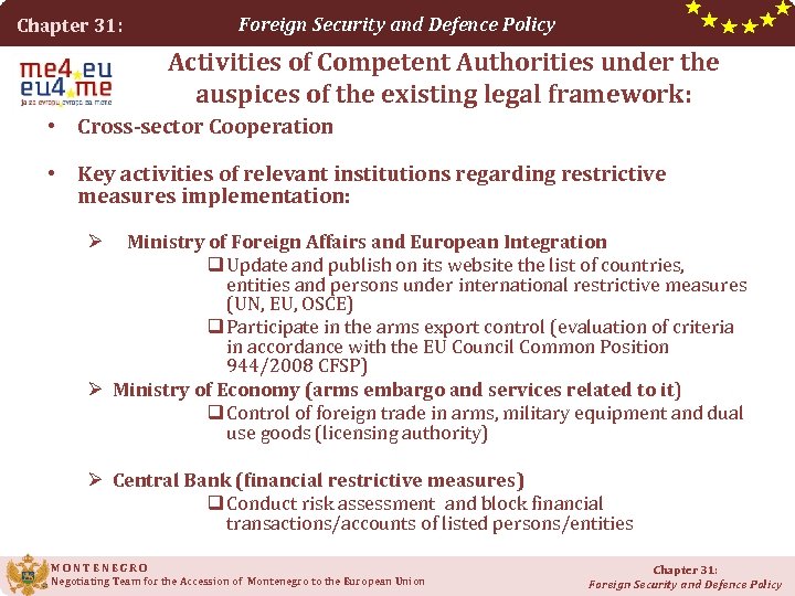 Chapter 31: Foreign Security and Defence Policy Activities of Competent Authorities under the auspices