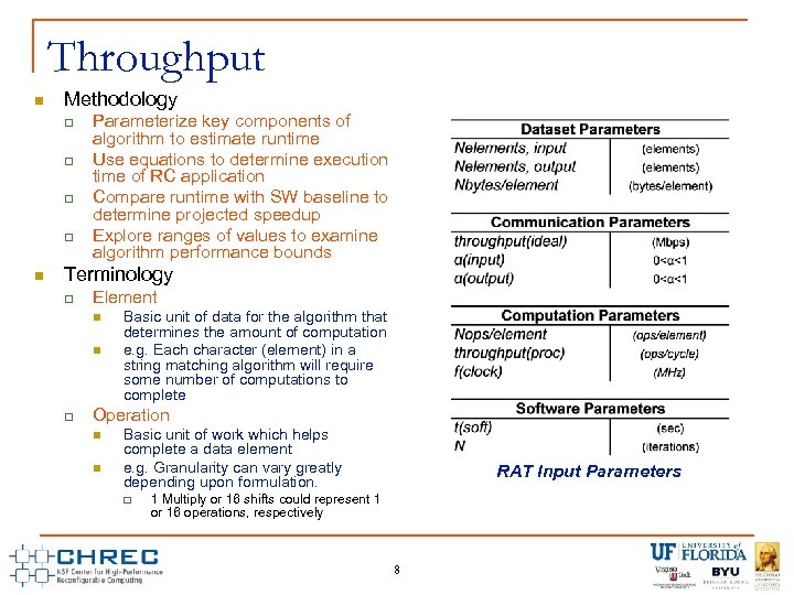 Throughput n Methodology q q n Parameterize key components of algorithm to estimate runtime