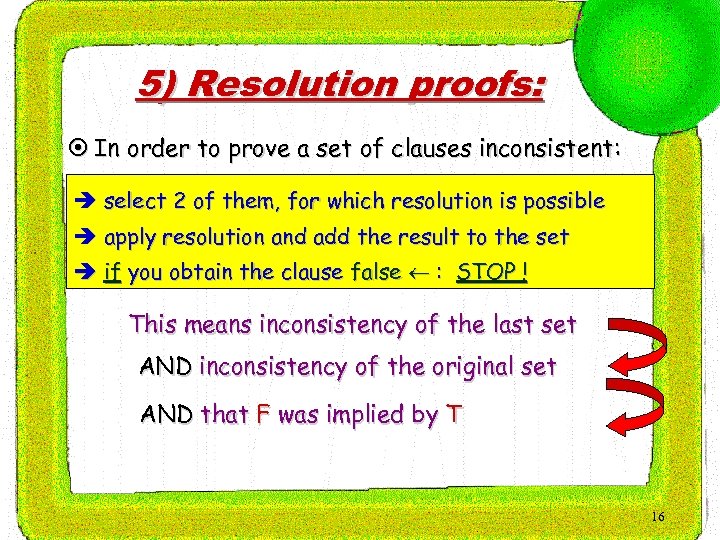 5) Resolution proofs: ¤ In order to prove a set of clauses inconsistent: è