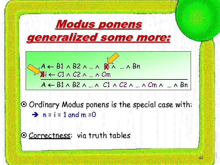 Modus ponens generalized some more: A B 1 B 2 … Bi … Bn