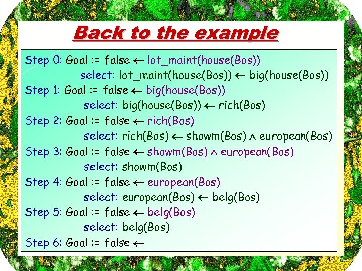 Back to the example Step 0: Goal : = false lot_maint(house(Bos)) select: lot_maint(house(Bos)) big(house(Bos))