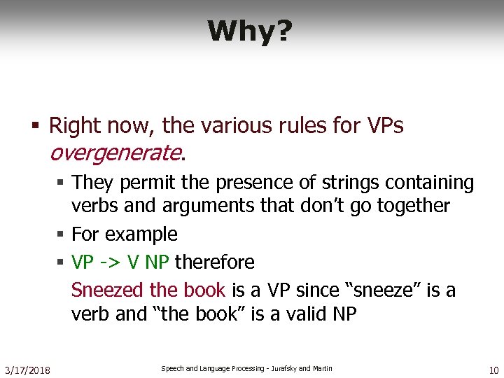 Why? § Right now, the various rules for VPs overgenerate. § They permit the