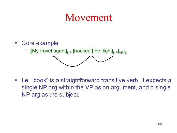 Movement • Core example – [[My travel agent]NP [booked [the flight]NP]VP]S • I. e.