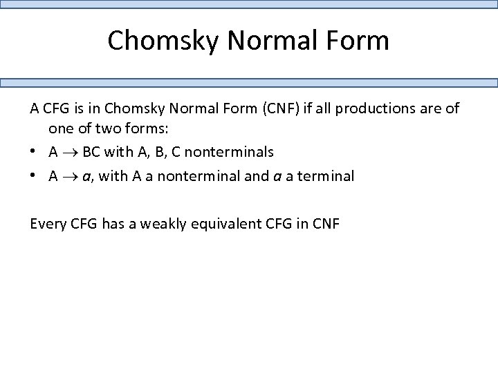 Chomsky Normal Form A CFG is in Chomsky Normal Form (CNF) if all productions