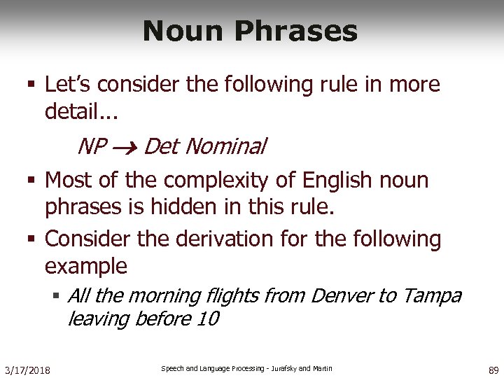 Noun Phrases § Let’s consider the following rule in more detail. . . NP