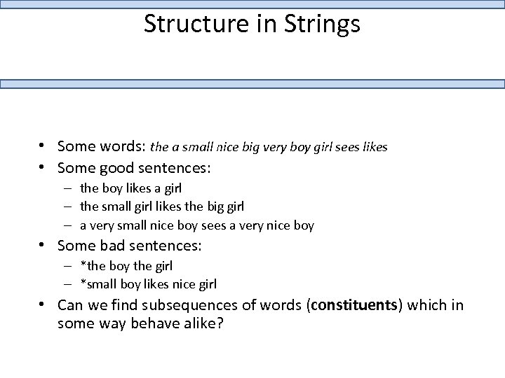 Structure in Strings • Some words: the a small nice big very boy girl