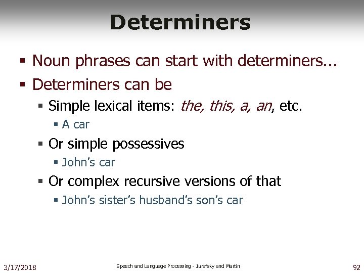 Determiners § Noun phrases can start with determiners. . . § Determiners can be